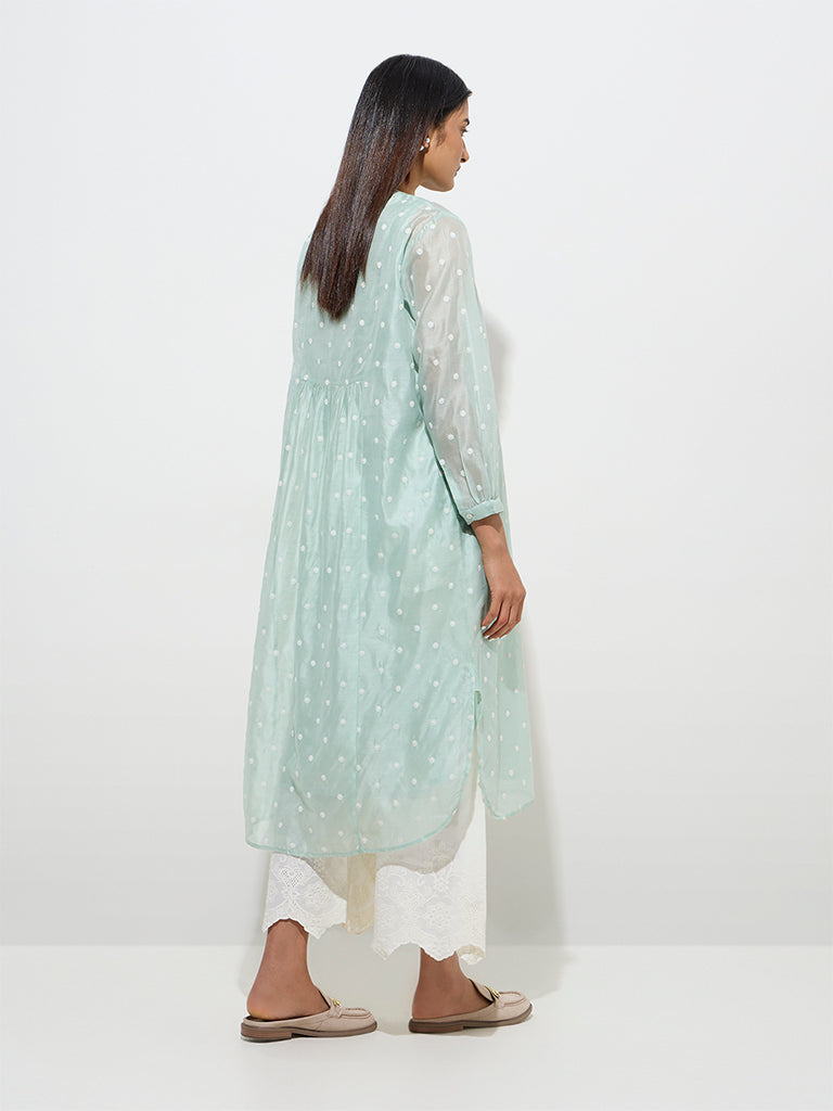 Westside Zuba Women's Mint Floral Embroidered A-Line Kurta with Inner for Work Wear Back View