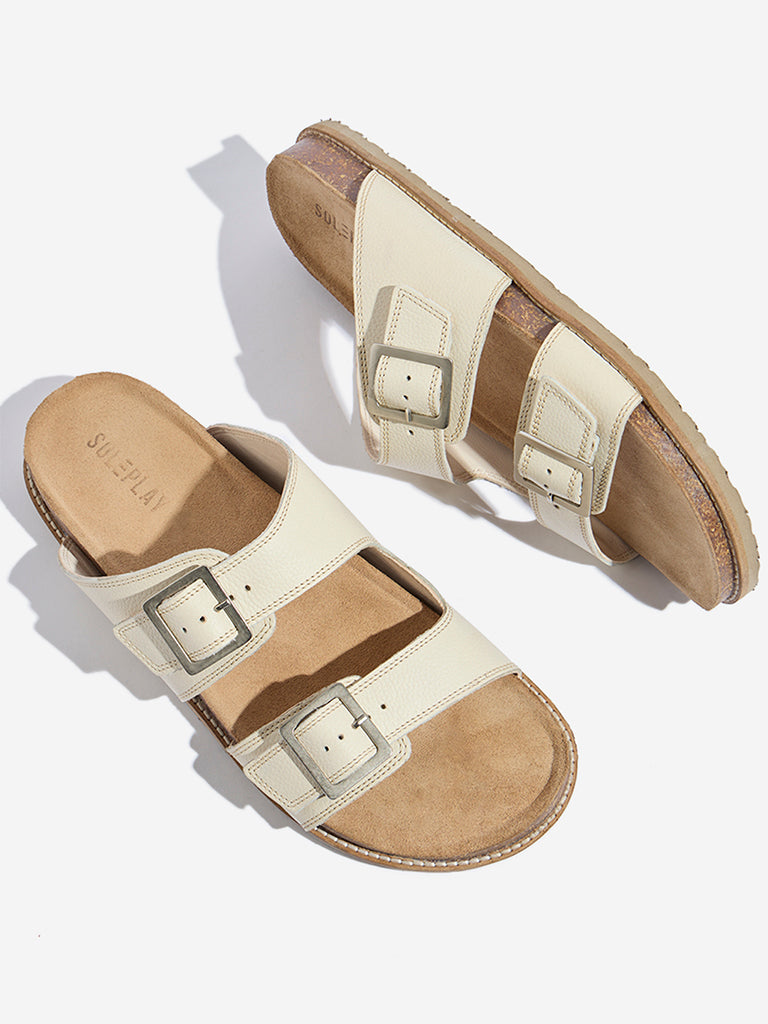 Westside SOLEPLAY Men's Ivory Dual-Strap Buckle-Detailed Sandals Zoomed View
