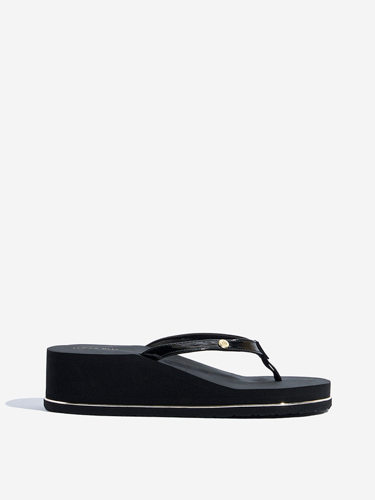 Westside LUNA BLU Women's Black Wedge Flip-Flops Side View