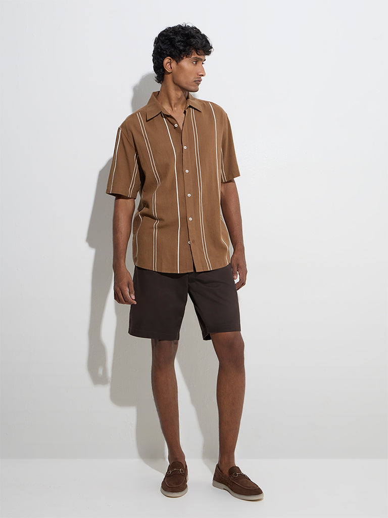 westisde Ascot Men's Dark Brown Relaxed-Fit Mid-Rise Cotton-Blend Shorts for Casual Wear Full Model View