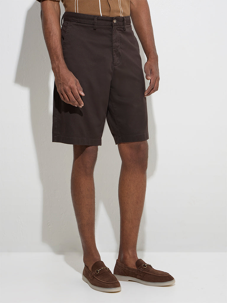 westisde Ascot Men's Dark Brown Relaxed-Fit Mid-Rise Cotton-Blend Shorts for Casual Wear Front View