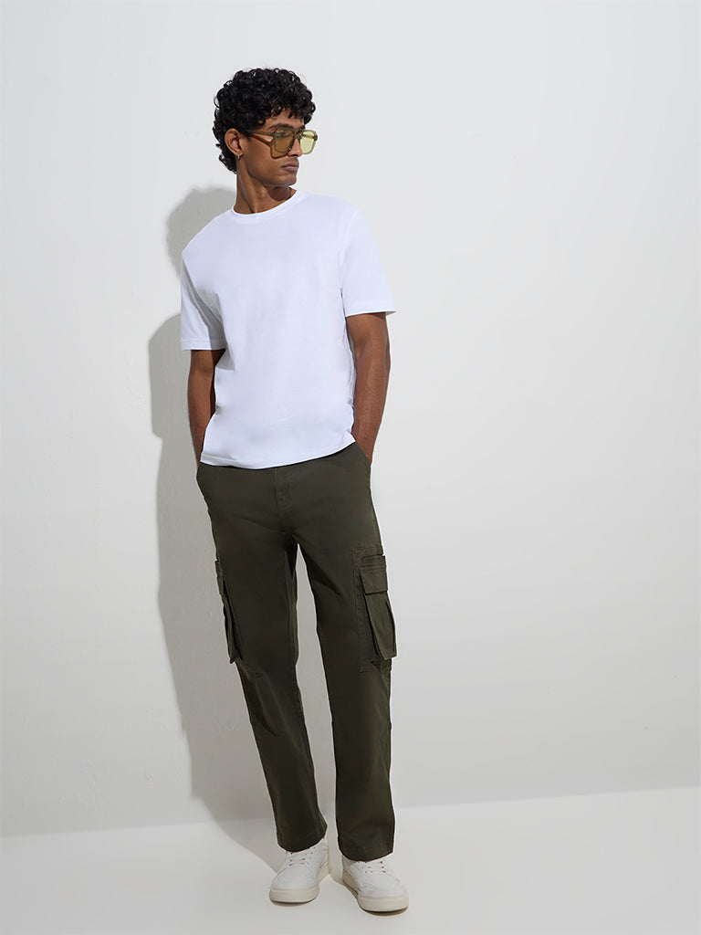WES Casuals Olive Relaxed-Fit Mid-Rise Cotton-Blend Trousers