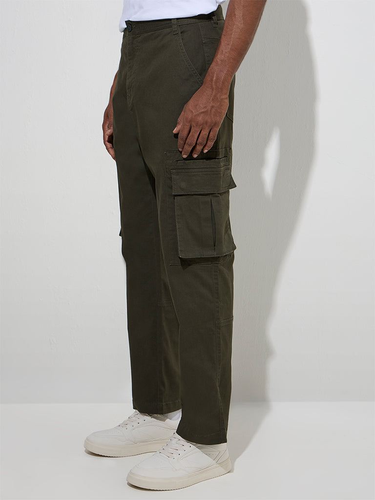 WES Casuals Olive Relaxed-Fit Mid-Rise Cotton-Blend Trousers