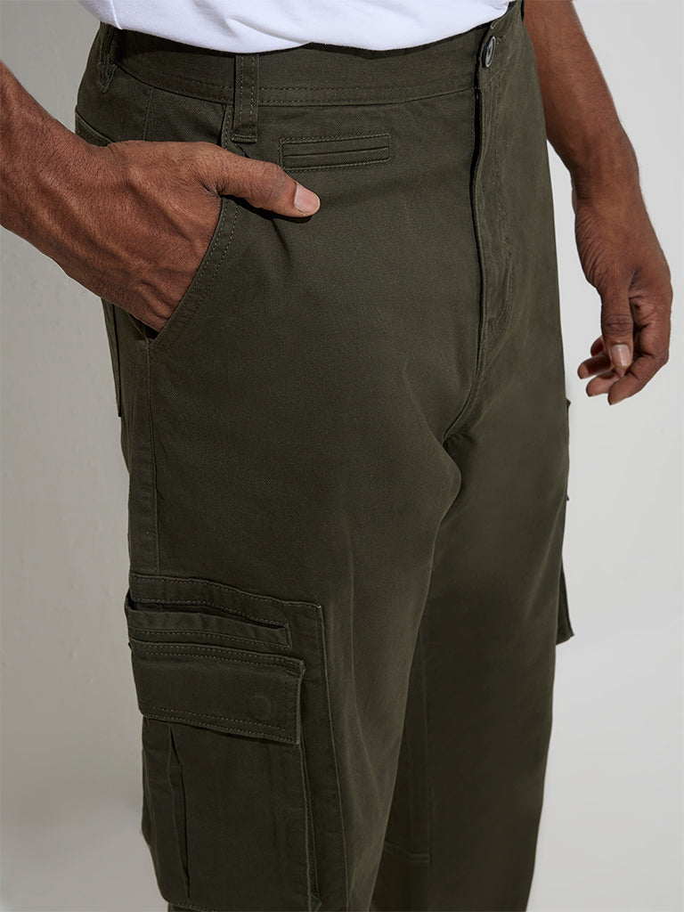 WES Casuals Olive Relaxed-Fit Mid-Rise Cotton-Blend Trousers