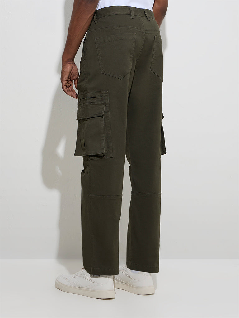 Westside WES Casuals Men's Olive Relaxed-Fit Mid-Rise Cotton-Blend Trousers for Casual Wear Back View