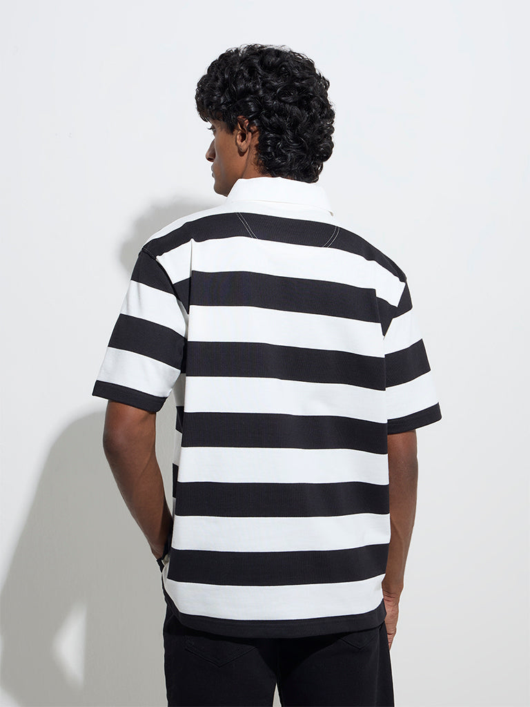 Westside WES Casuals Men's Black Stripe Printed Relaxed-Fit Polo T-Shirt for Casual Wear Back View