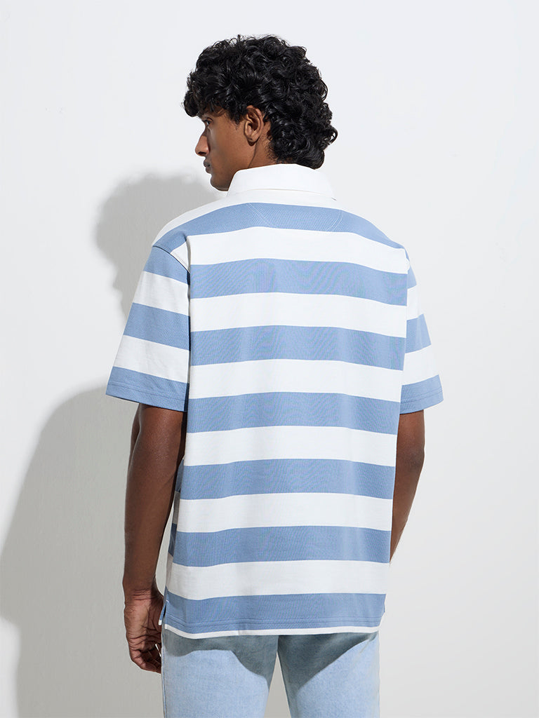 Westside WES Casuals Men's Blue Relaxed-Fit Cotton-Blend Polo T-Shirt for Casual Wear Back View