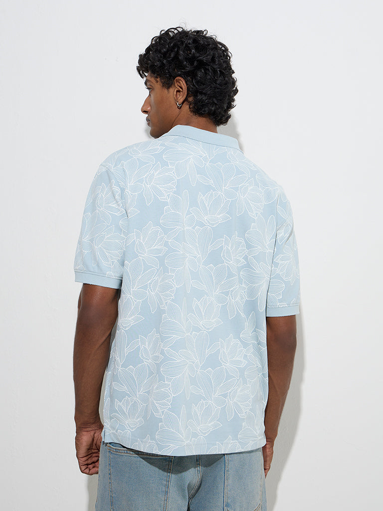 westisde WES Casuals Men's Blue Relaxed-Fit Cotton-Blend Polo T-Shirt for Casual Wear Back View