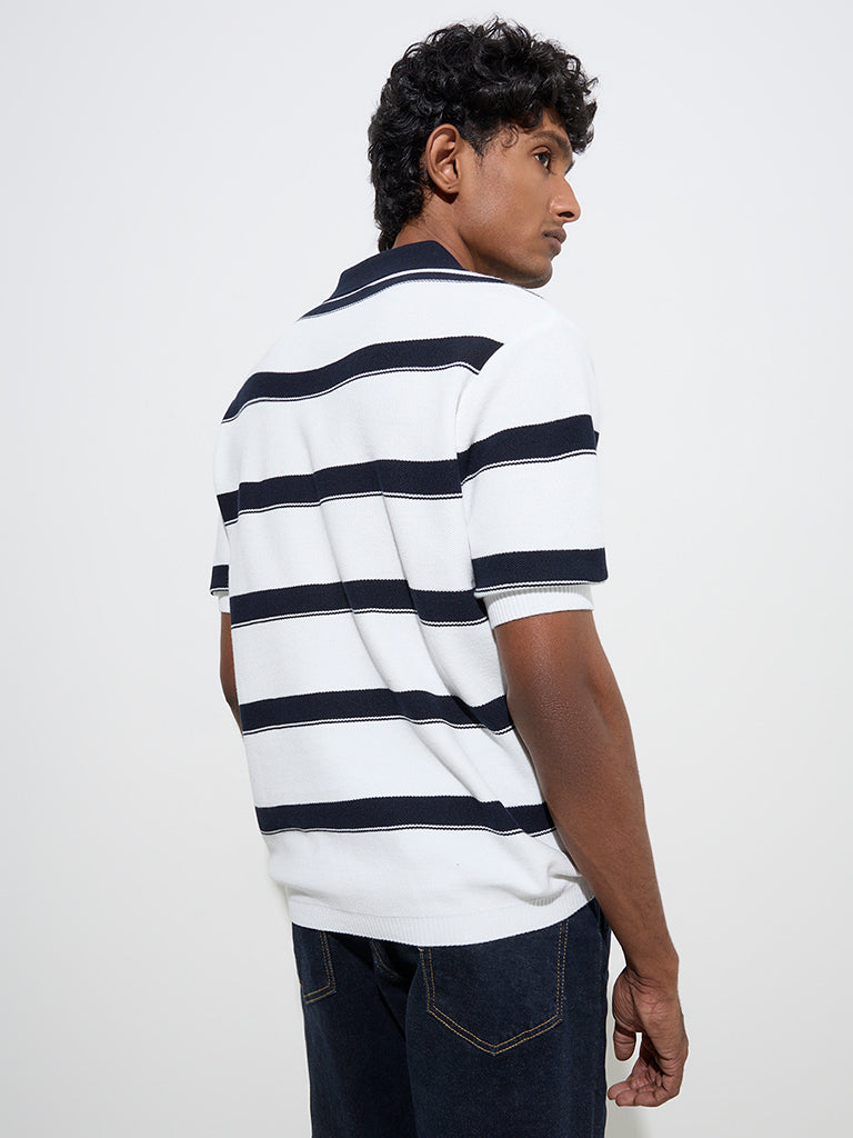 Westside WES Casuals Men's Navy Relaxed-Fit Cotton-Blend Polo T-Shirt for Casual Wear Back View