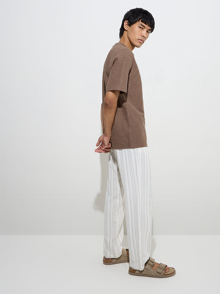 Westside ETA Men's Off-White Striped Relaxed-Fit Mid-Rise Cotton Chinos for Casual Wear Back View