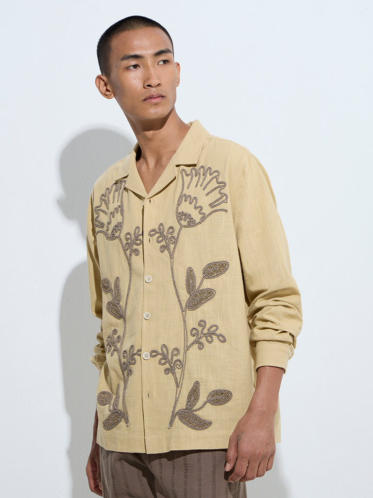 ETA Yellow Floral Embroidered Relaxed-Fit Cotton Shirt