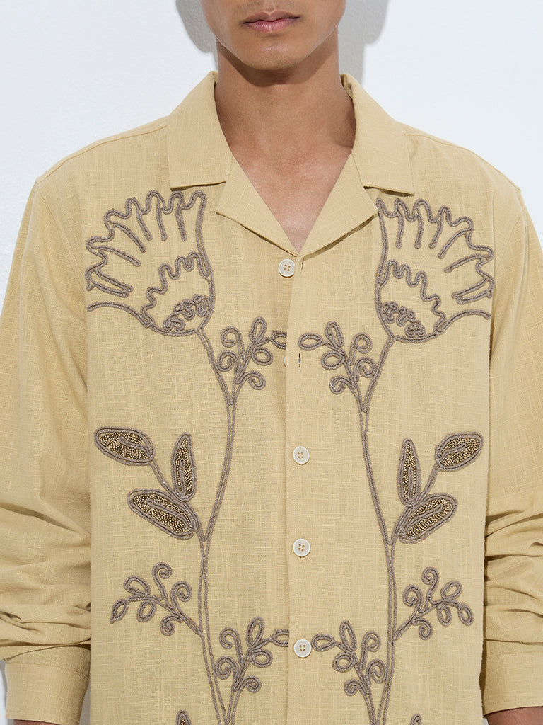ETA Yellow Floral Embroidered Relaxed-Fit Cotton Shirt