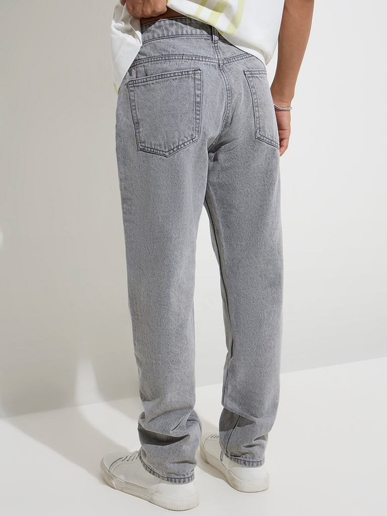 Westside Nuon Men's Grey Washed Relaxed-Fit Mid-Rise Jeans for Casual Wear Back View