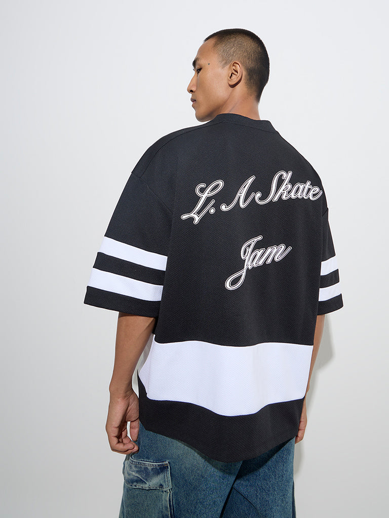 Westside Nuon Men's Black Colour-Blocked Relaxed-Fit T-Shirt for Casual Wear Back View