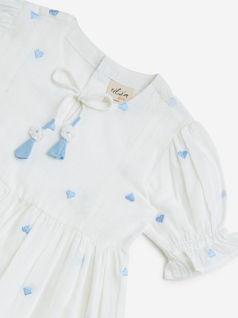 Westside Utsa Kids White Heart Embroidered Cotton A-Line Dress - (2-8yrs) for Ethnic Wear Zoomed View