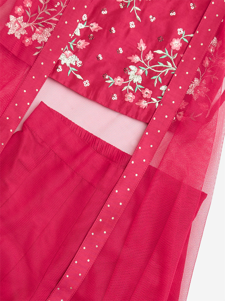 Westside Utsa Kids Pink Floral Embroidered Top, Palazzos and Shrug Set - (2-8yrs) for Ethnic Wear Zoomed View