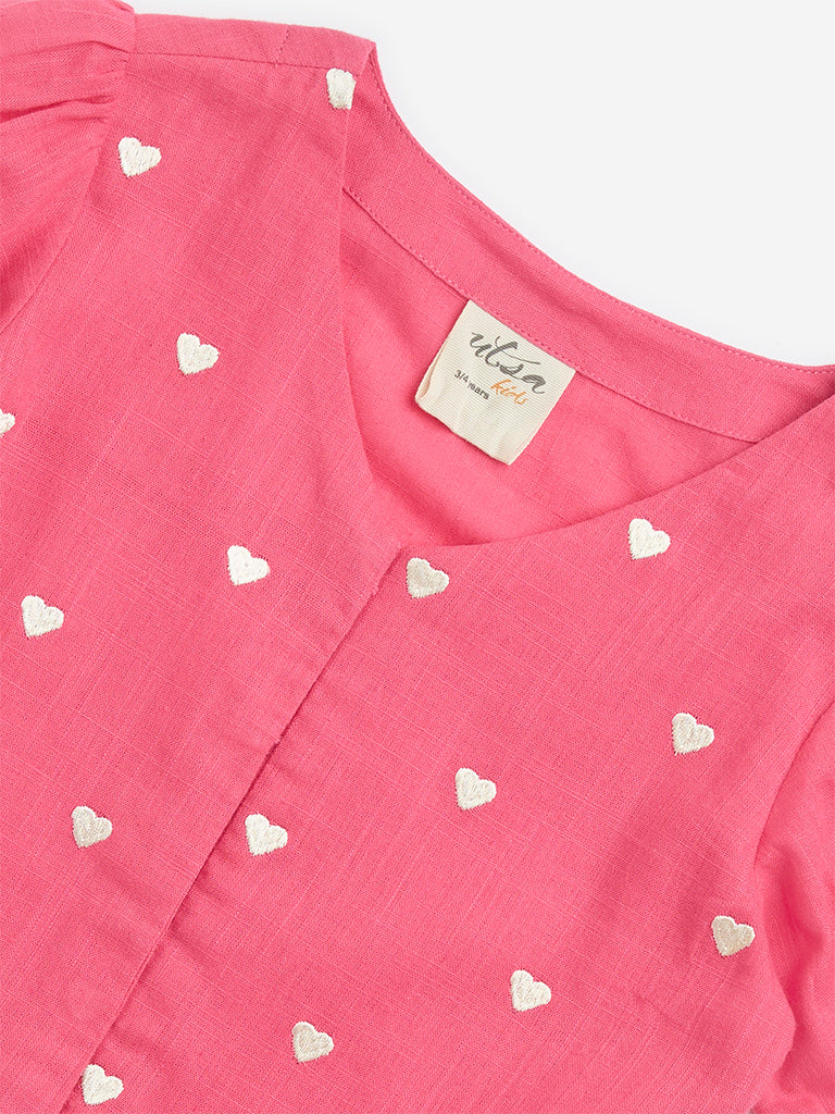 Westside Utsa Kids Pink Heart Design Cotton Ethnic Top - (2-8yrs) for Ethnic Wear Zoomed View
