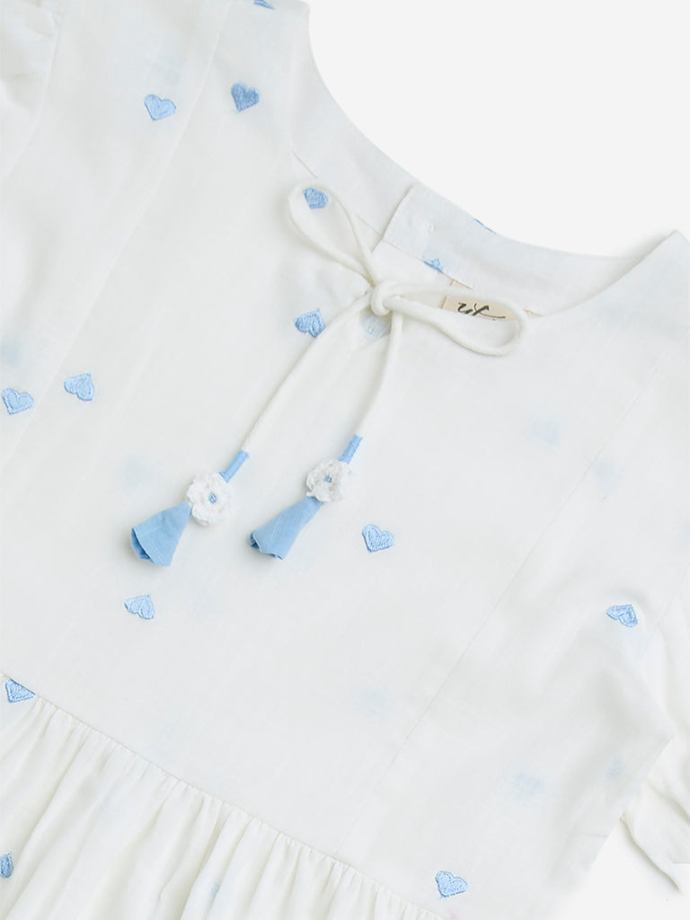 Westside Utsa Kids White Heart Embroidered Cotton A-Line Dress - (8-14yrs) for Ethnic Wear Zoomed View