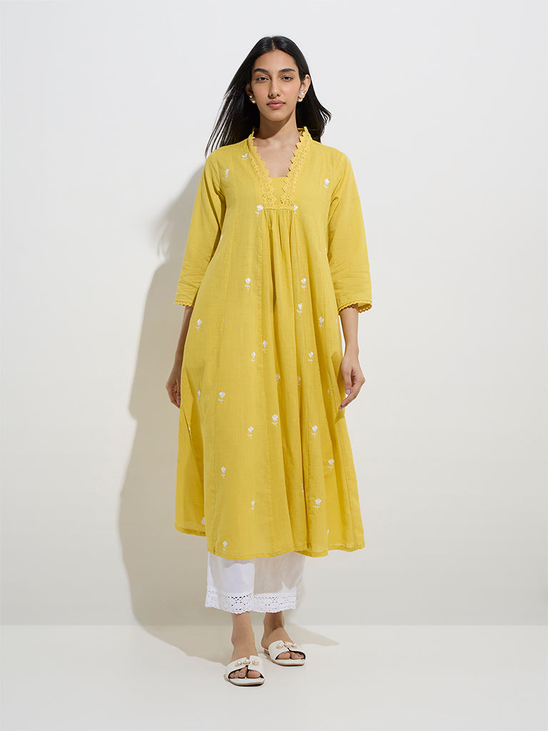 Buy Utsa Yellow Floral Embroidered Cotton A-Line Kurta from Westside