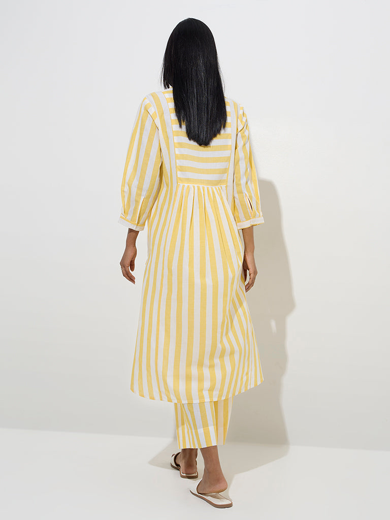 Westside Utsa Women's Yellow Striped Cotton A-Line Kurta for Work Wear Back View