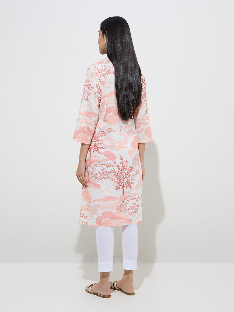 Westside Utsa Women's Light Peach Printed Straight Cotton Kurta for Everyday Back View