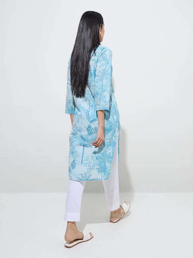 Westside Utsa Women's Light Blue Printed Straight Cotton Kurta for Everyday Back View