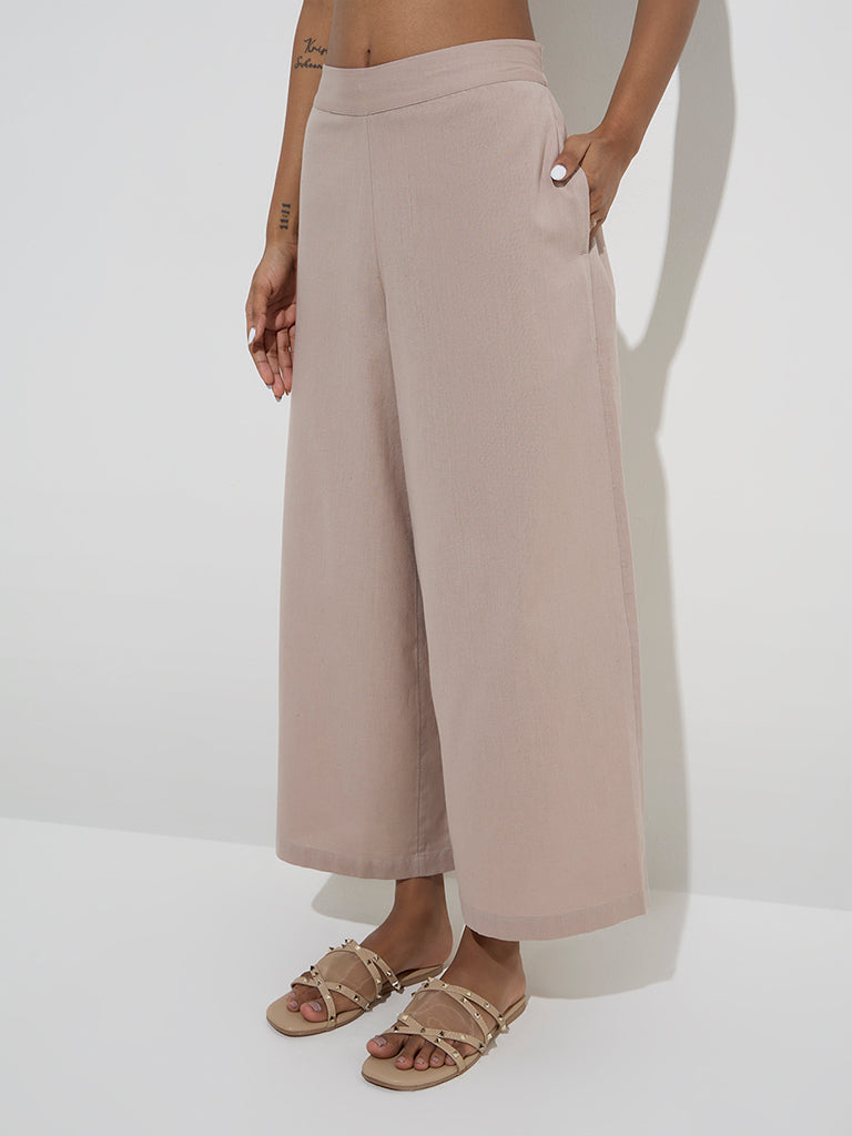 Westside Utsa Women's Beige Solid Cotton Palazzos for Everyday Front View