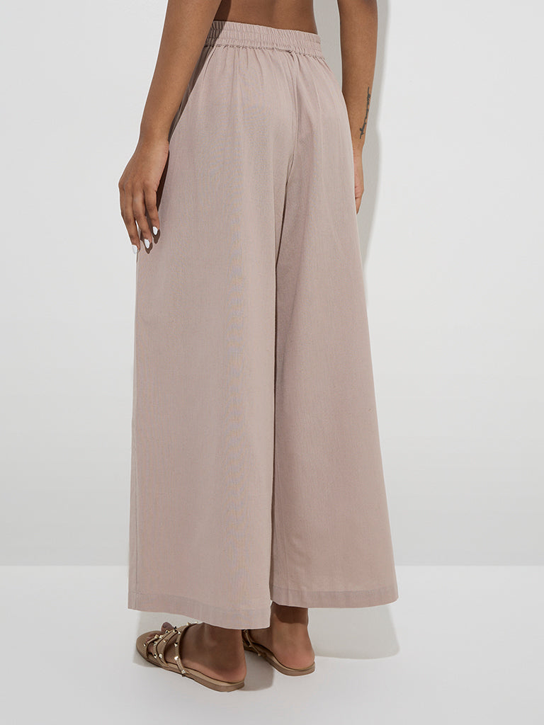 Westside Utsa Women's Beige Solid Cotton Palazzos for Everyday Back View