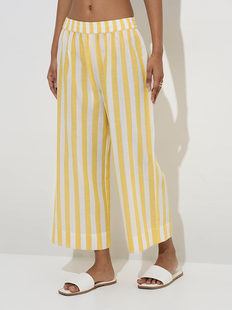 Westside Utsa Women's Yellow Stripe Printed Cotton Ethnic Pants for Everyday Front View