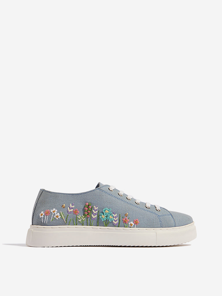 LUNA BLU Dusty Blue Floral Embroidered Lace-Up Sneakers