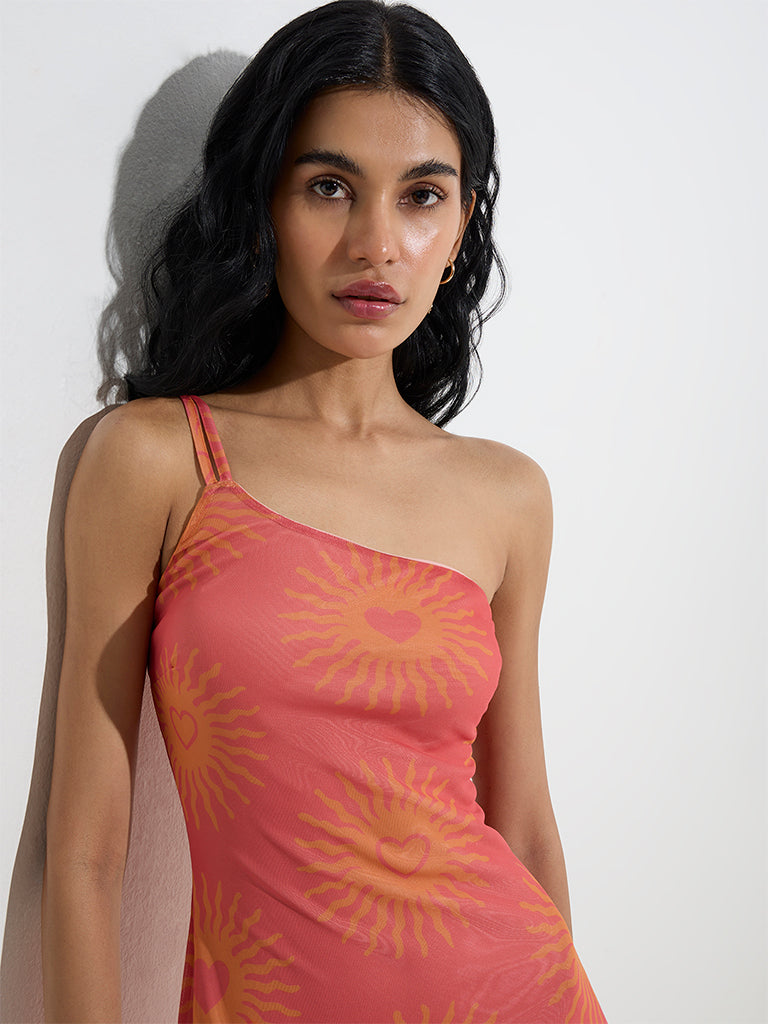 Nuon Coral Printed One-Shoulder Mesh Bodycon Dress