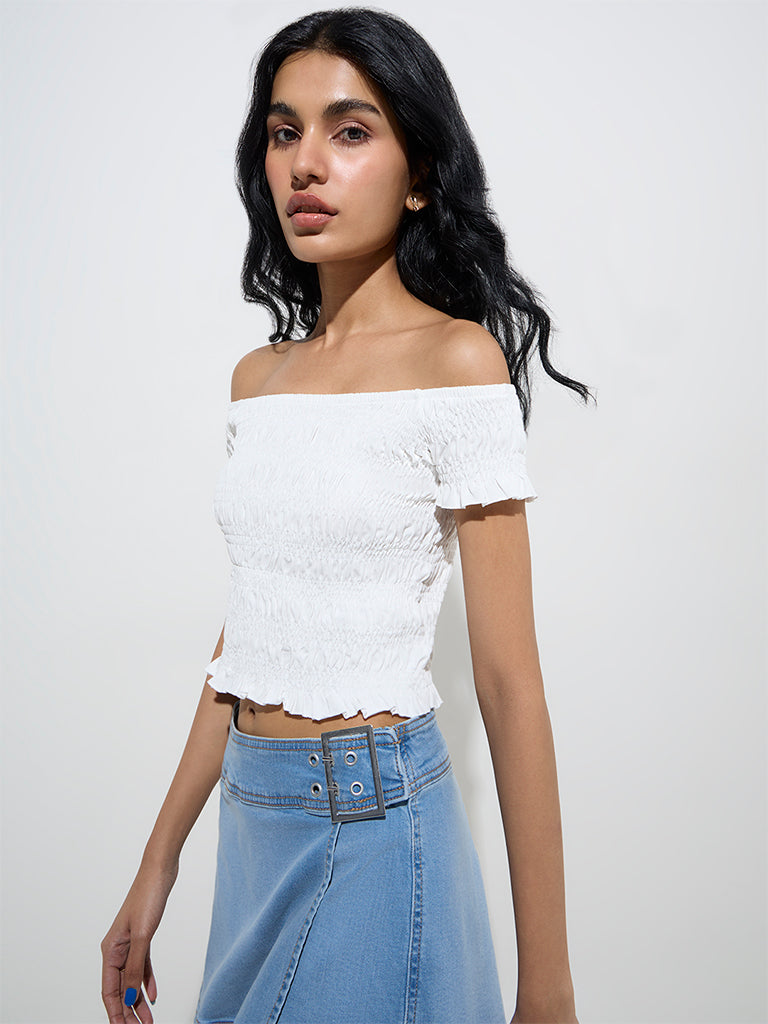 Nuon White Smocked Off-Shoulder Cotton-Blend Crop Top