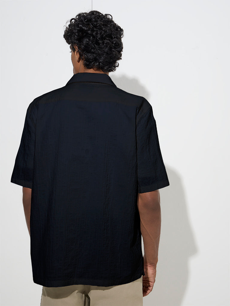 Westside WES Casuals Men's Black Textured Relaxed-Fit Cotton-Blend Shirt for Casual Wear Back View