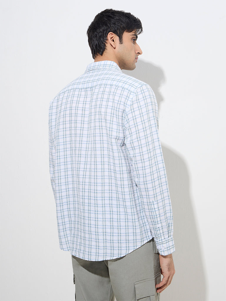 Westside WES Casuals Men's White Checkered Relaxed-Fit Cotton-Blend Shirt for Casual Wear Back View