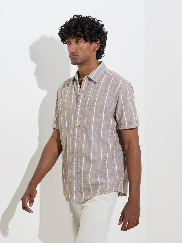 WES Casuals Taupe Striped Relaxed-Fit Cotton-Blend Shirt