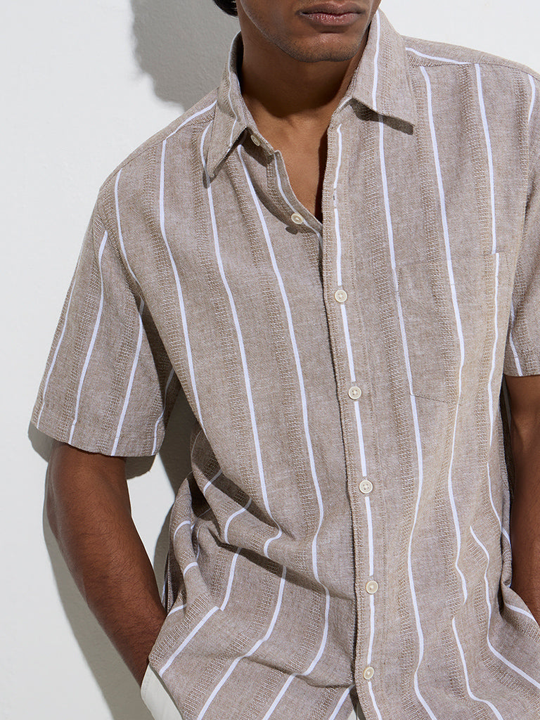 WES Casuals Taupe Striped Relaxed-Fit Cotton-Blend Shirt