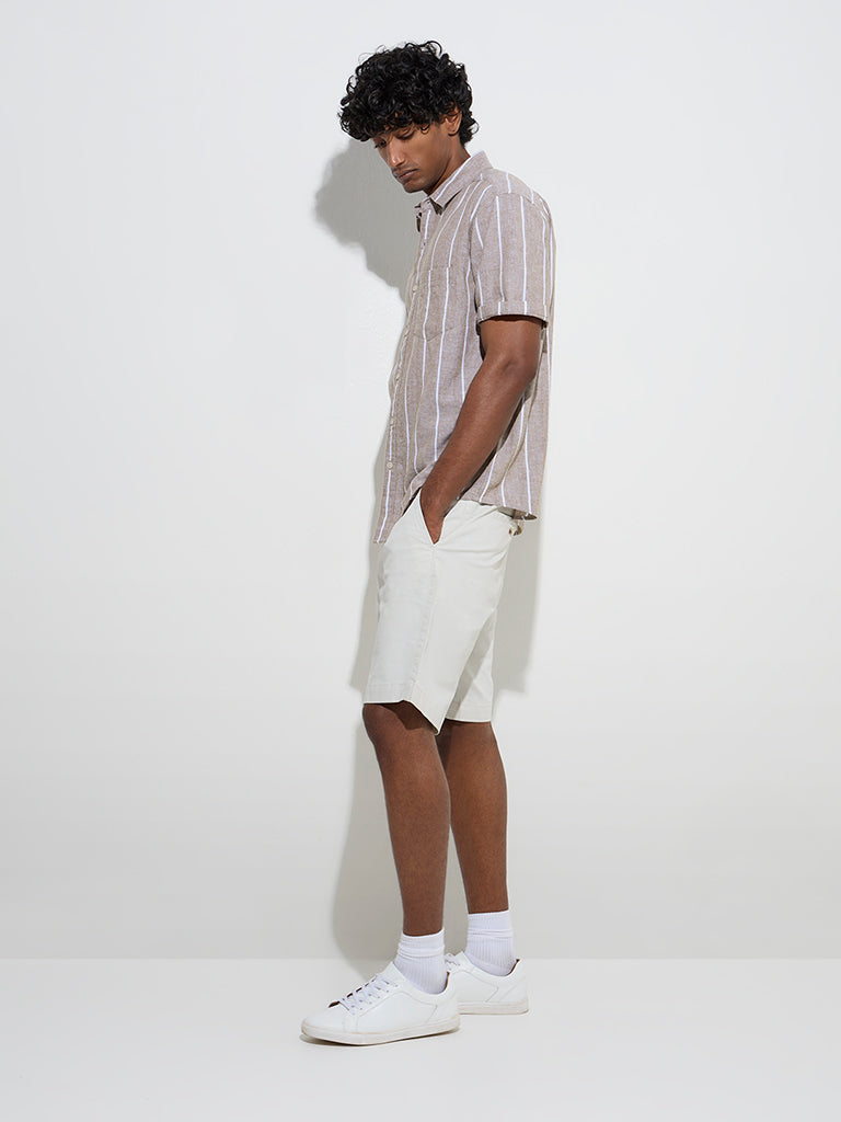WES Casuals Taupe Striped Relaxed-Fit Cotton-Blend Shirt