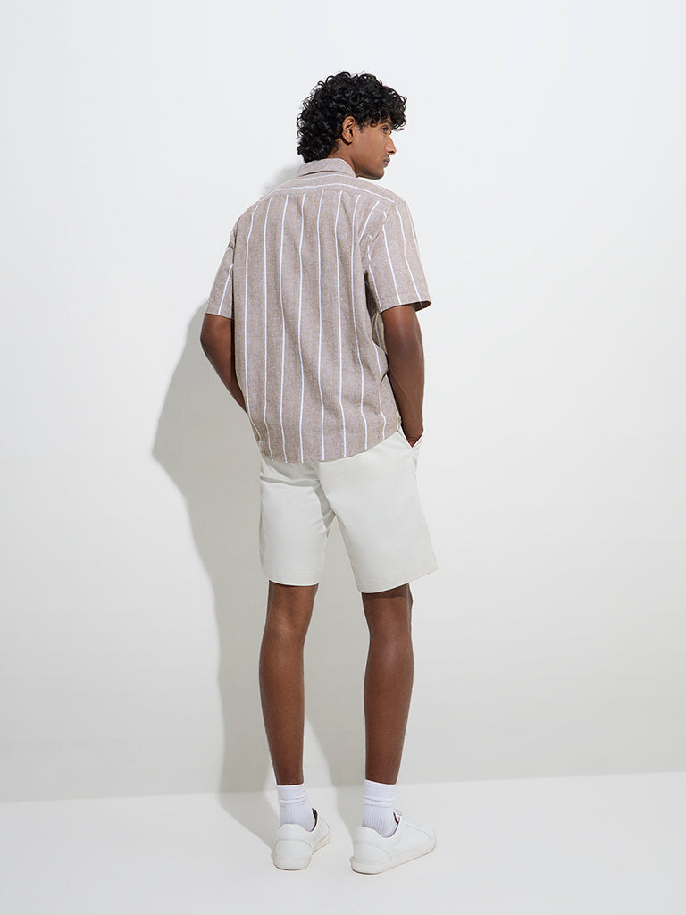 Westside WES Casuals Men's Taupe Striped Relaxed-Fit Cotton-Blend Shirt for Casual Wear Back View