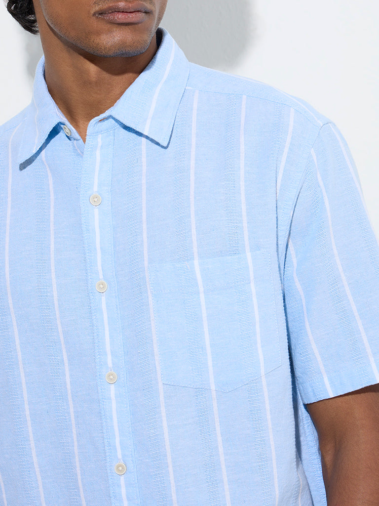 WES Casuals Blue Striped Relaxed-Fit Cotton-Blend Shirt