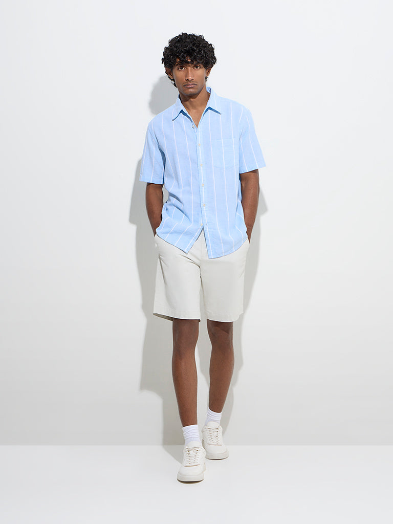 WES Casuals Blue Striped Relaxed-Fit Cotton-Blend Shirt