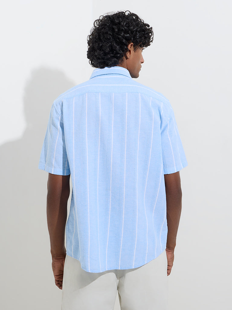 WES Casuals Blue Striped Relaxed-Fit Cotton-Blend Shirt