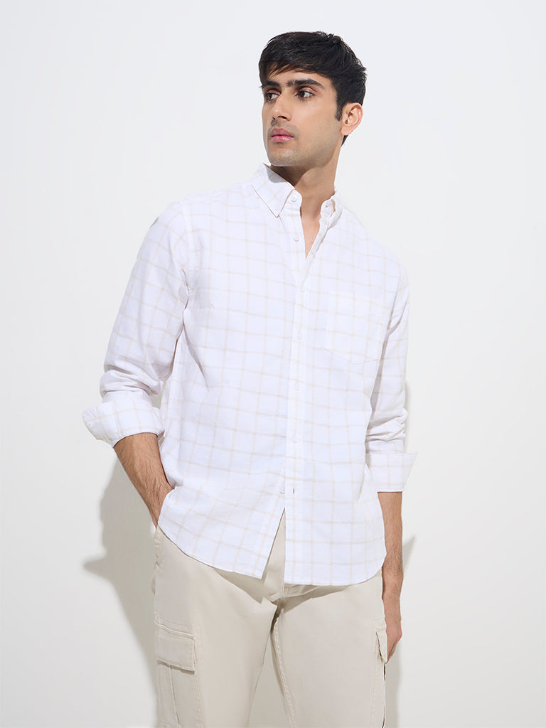 WES Casuals White Checks Relaxed-Fit Cotton-Blend Shirt