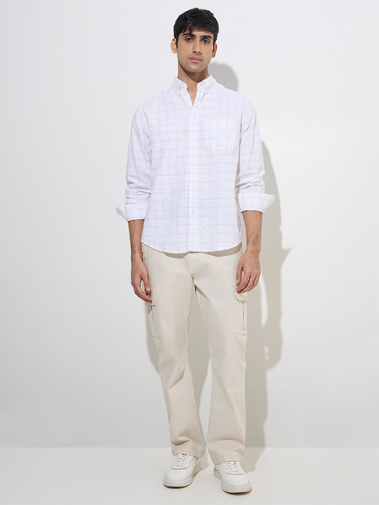 WES Casuals White Checks Relaxed-Fit Cotton-Blend Shirt