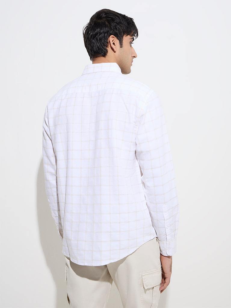 Westside WES Casuals Men's White Checks Relaxed-Fit Cotton-Blend Shirt for Casual Wear Back View