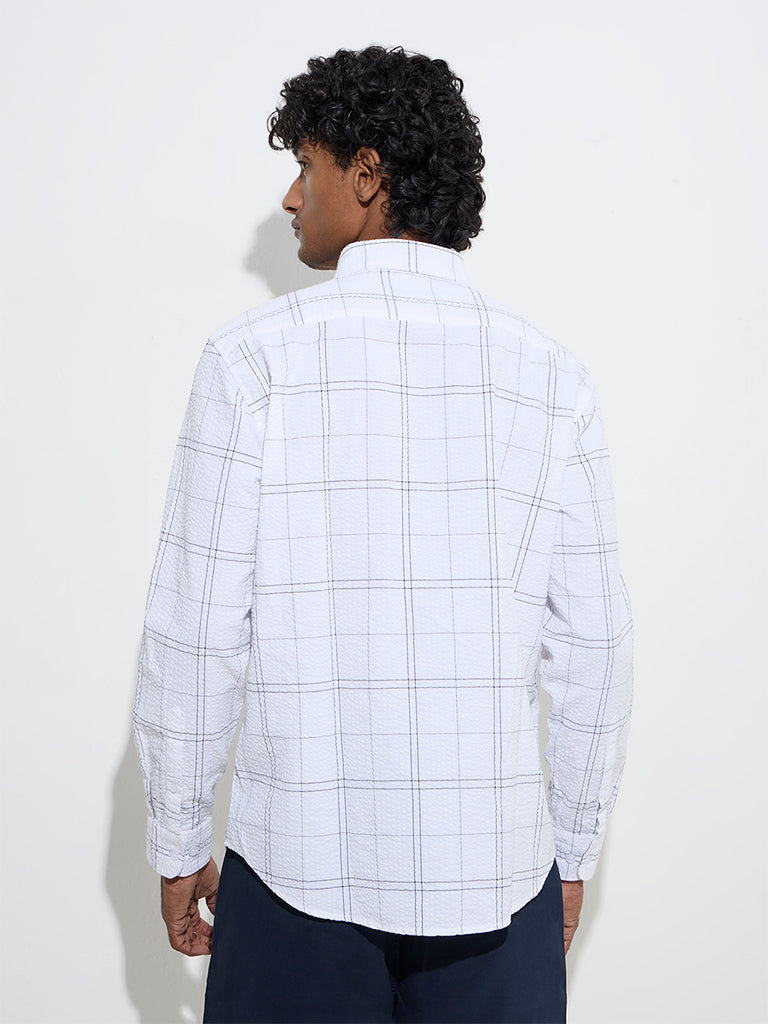 Westside WES Casuals Men's White Checkered Relaxed-Fit Cotton-Blend Shirt for Casual Wear Back View