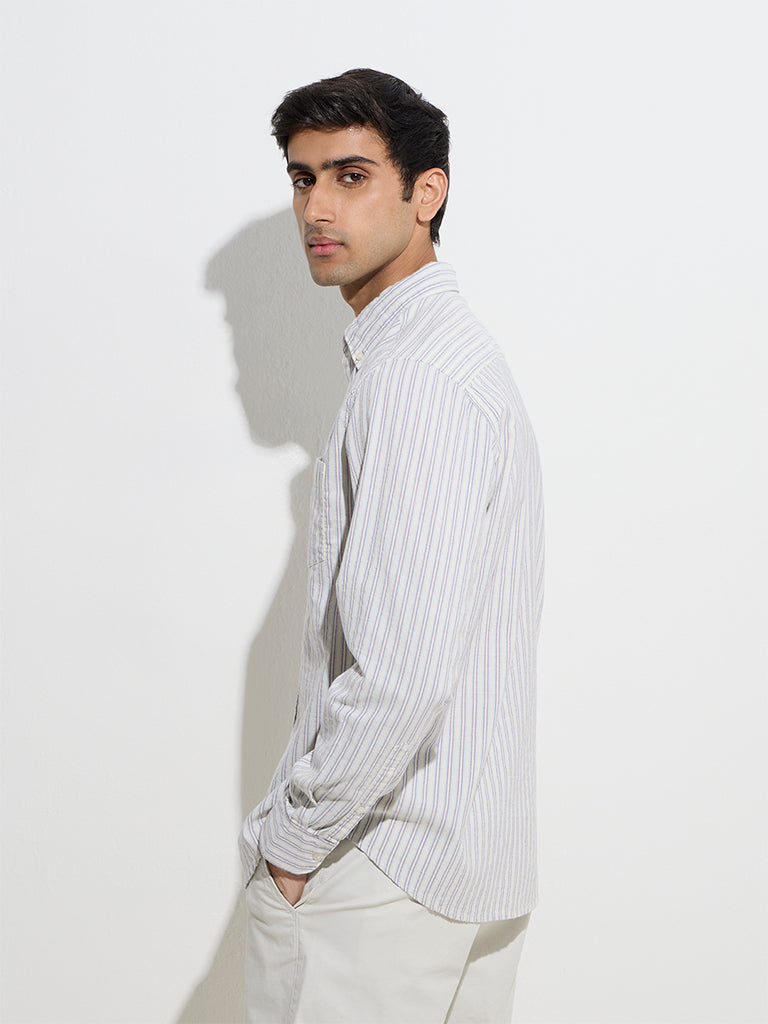 Westside WES Casuals Men's Blue Striped Relaxed-Fit Cotton-Blend Shirt for Casual Wear Back View