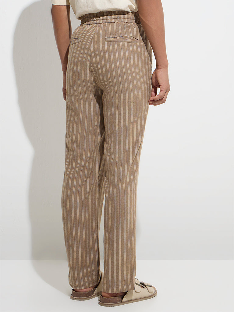 Westside ETA Men's Taupe Striped Relaxed-Fit Cotton-Blend Mid-Rise Chinos for Casual Wear Back View