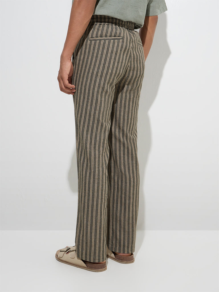 Westside ETA Men's Olive Striped Relaxed-Fit Cotton-Blend Mid-Rise Chinos for Casual Wear Back View