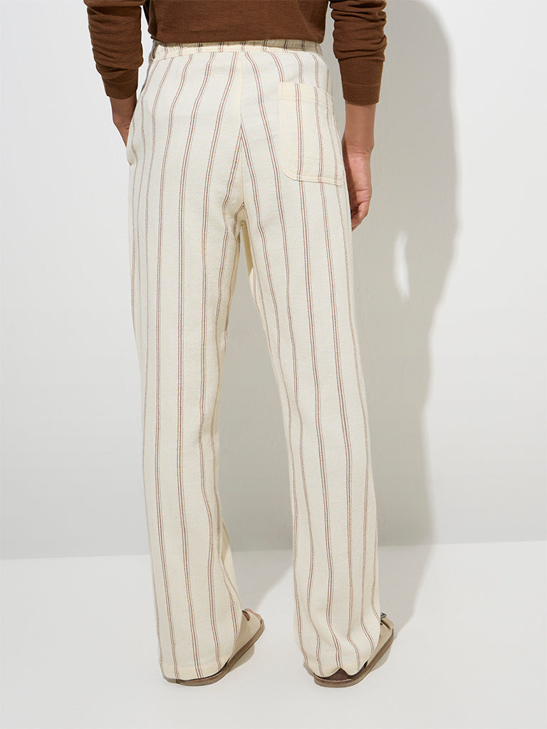 Westside ETA Men's Off-White Stripe Printed Relaxed-Fit Mid-Rise Cotton Chinos for Casual Wear Back View