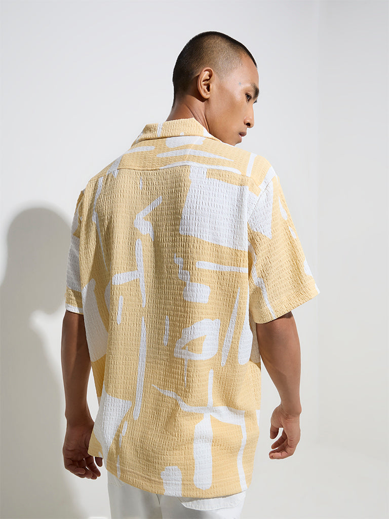 Westside Nuon Men's Yellow Seersucker Relaxed-Fit Shirt for Casual Wear Back View